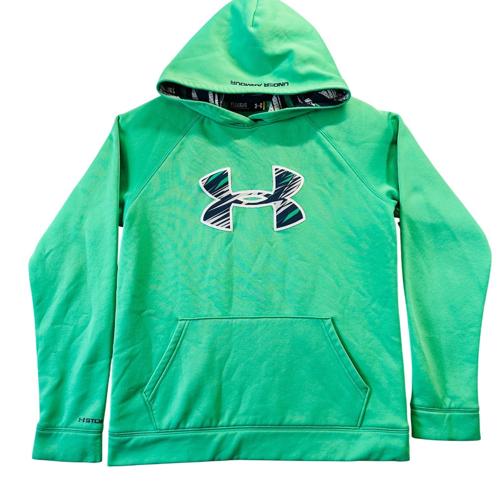 Under Armour Storm1 Hoodie Youth Large Green Camo Logo Outdoor Fishing Pullover